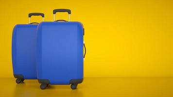 Two blue travel bags isolated on yellow bright background. 3d rendering photo