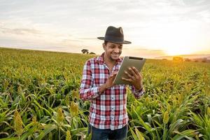 Agronomist holds tablet touch pad computer in the corn field and examining crops before harvesting. Agribusiness concept. Brazilian farm. photo