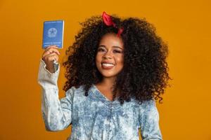 Beautiful curly-haired girl holding a work card. On yellow background. photo