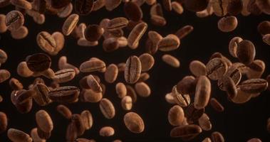 Coffee beans falling on dark background. Coffee Beans Fall. Coffe Production. Coffee in Breakfast. 3d render closeup of roasted offee beans falling. photo