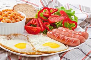 English breakfast - sausages, eggs, beans and salad photo