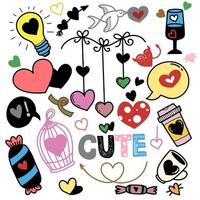 Cartoon pictures set of different hand drawn arrows and love details. Mixed style cute icons. Vector illustration.