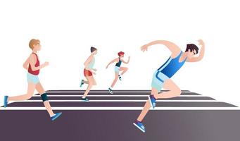 hombres vestidos con ropa deportiva corriendo una carrera de maratón. personajes de dibujos animados planos aislados en el fondo. ilustración vectorial