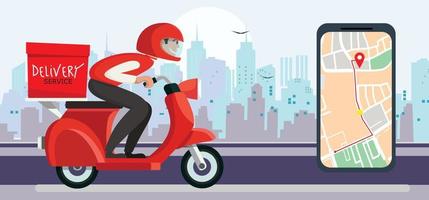 repartidor montando una ilustración de scooter rojo, aplicación de servicio de entrega en el teléfono móvil. moto de entrega y teléfono móvil con mapa en el fondo de la ciudad. ilustración vectorial de estilo plano.