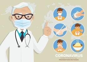 prevenciones de coronavirus. el médico explique infografías, use mascarilla, lávese las manos, coma alimentos calientes y evite ir a lugares de riesgo. ilustración vectorial idea para el brote de coronavirus y las prevenciones. vector