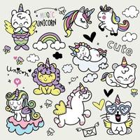 unicornio de dibujos animados. lindos y divertidos personajes de cuentos de hadas pony mágico animales felices ilustraciones vector