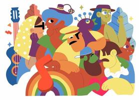 una multitud marchando en un desfile del orgullo.una tendencia que involucra a un conjunto diverso de personas, una ilustración vectorial de un garabato vector