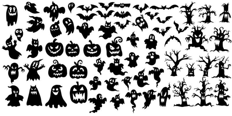 Collection of halloween silhouettes icon and character, elements for halloween decorations Premium Vector