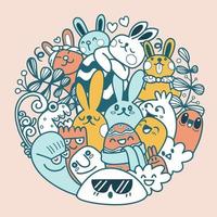 Vector Easter set with cute bunnies, flowers and eggs. Design in circle ,elements and signs in cartoon style. Vector illustration.