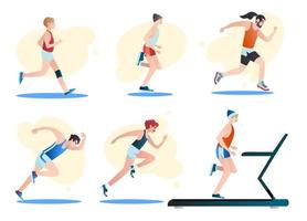 Set of male and females runners . Flat cartoon characters isolated on background. Vector illustration
