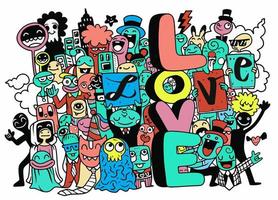 happy young people holding letters love. cute Monster isolated on background vector