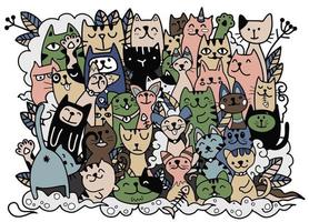 garabatos gatos caras fondo colorido, vector de dibujo a mano, garabatos de estilo de personajes de gato