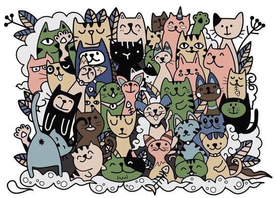 doodle cats faces colorful background, Hand draw vector, Cat Characters style doodles