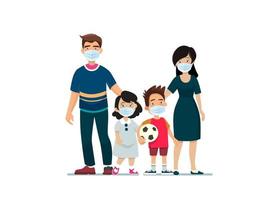 Family is protecting their children and them from virus COVID-19 and are wearing masks and stop the spread of viruses. Dad Mom Daughter Son wearing a surgical mask. Coronavirus quarantine vector