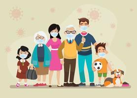 Big Family is protecting their children and them from virus COVID-19 and are wearing masks and stop the spread of viruses