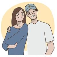 retrato de una joven pareja sonriente de hombre y mujer, abrazo sobre los hombros. ilustración vectorial de stock de estilo plano. vector