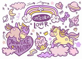 linda colección de unicornio y pony con artículos mágicos, arco iris, alas de hadas, cristales, nubes, poción. estilo de línea dibujada a mano. ilustraciones de garabatos vectoriales. vector