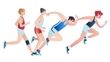 Men  dressed in sports clothes running marathon race. Flat cartoon characters isolated on background. Vector illustration