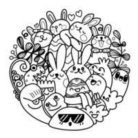 Conjunto vectorial de pascua con lindos conejitos, flores y huevos. diseño en círculo, elementos y signos en estilo de dibujos animados. ilustración vectorial