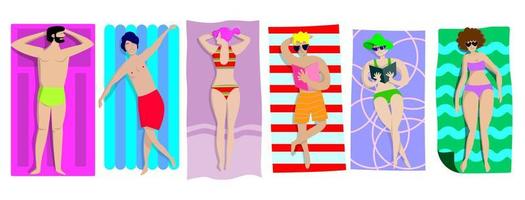 Young people sunbathing on the beach set, top view of lying men and women vector Illustrations on a white background