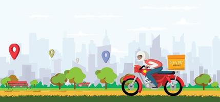 Food delivery app on a smartphone tracking a delivery man on a moped with a ready meal, technology and logistics concept, city skyline in the background vector