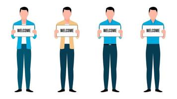 man holding welcome board flat character illustration, people holding board business character vector illustration on white background.