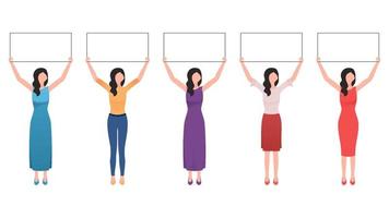 Women with empty board, Woman holding empty board business character illustration set on white background. vector