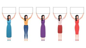 Women with empty board, Woman holding empty board business character illustration set on white background. vector