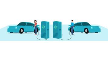 man and woman charging cool car at electric vehicle charging station, vehicle at EV charge Point, business character vector illustration on white background.