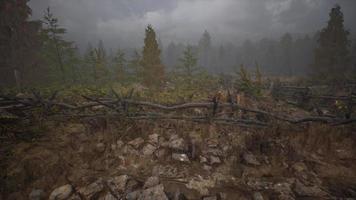 un vecchio recinto di legno con un campo di campagna dietro di esso video