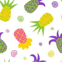 Bright pineapples vector seamless pattern with ornament. Colorful tropical fruits on a white background. Flat style
