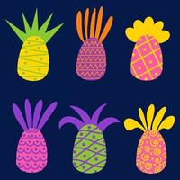 Set of bright pineapples with ornaments. Vector set of icons with pineapples in a flat style. Isolated fruits on a blue background, primitive