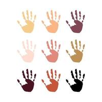 Stop racism icon. Motivational poster against racism and discrimination. Many handprint of different races together. Vector Illustration