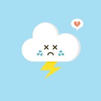 Colorful weather forecast icons. Funny cartoon sun and clouds. Adorable faces with various emotions. Flat vector for mobile app, social network sticker, children book or print. Cloud with lightning