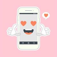 Cute and kawaii smartphone flat design, mobile phone cartoon character. Vector flat line cartoon kawaii character illustration icon. Callphone, smartphone with character face app concept