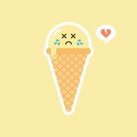 Melting ice cream balls in the waffle cone isolated on color background. Vector flat icon. Comic character in cartoon style illustration