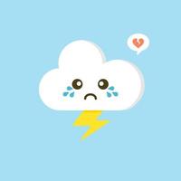 Colorful weather forecast icons. Funny cartoon sun and clouds. Adorable faces with various emotions. Flat vector for mobile app, social network sticker, children book or print. Cloud with lightning