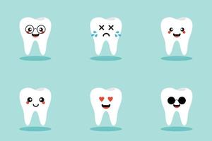 conjunto de lindos emoji de dientes y emoticonos con diferentes expresiones faciales. personajes de dientes de dibujos animados lindos blancos sanos con diferentes expresiones faciales. emoticonos de higiene dental oral.