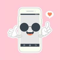 Cute and kawaii smartphone flat design, mobile phone cartoon character. Vector flat line cartoon kawaii character illustration icon. Callphone, smartphone with character face app concept