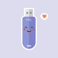 kawaii y lindo icono de unidad flash usb aislado sobre fondo de color. icono de dispositivo de memoria en estilo plano. personaje de disco flash con expresión facial. puede usarse para tecnología, mascota, elemento, sitio web, icono vector