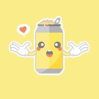 latas de refresco de dibujos animados lindos y kawaii. lindo emoticono encantador emoji cara, sonrisa, feliz. refrescos de cola y refrescos. dulce pero alta en calorías. vector