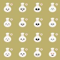 dim sum chino lindos personajes vectoriales kawaii. plato asiático con cara sonriente. cocina tradicional oriental. bola de masa con especias. emoji divertido, emoticono. ilustración de color de dibujos animados aislados vector