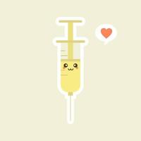 jeringa linda y kawaii. diseño de icono de ilustración de personaje de dibujos animados plano vectorial. jeringa, concepto de vacuna médica. puede usarse para poster, elemento, mascota, emoji, emoticono para virus, corona virus covid-19 vector