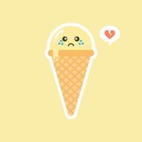 Melting ice cream balls in the waffle cone isolated on color background. Vector flat icon. Comic character in cartoon style illustration