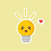 bulb flat design vector illustration. Shining yellow light bulbon color background. Emoji lightbulb with funny emotion. Hand-drawn vector illustration. Creative concept of idea