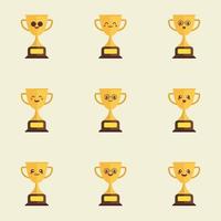 conjunto de lindos iconos de línea emoji de trofeo en diferentes expresiones vector