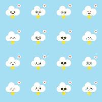 Colorful weather forecast icons. Funny cartoon lightning and clouds. Adorable faces with various emotions. Flat vector for mobile app, emoji, sticker, children book or print. kawaii cloud character