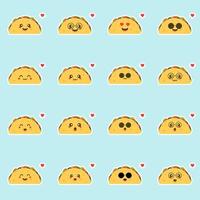 juego de taco feliz lindo y kawaii. aislado sobre fondo de color. diseño de ilustración de personajes de dibujos animados vectoriales, estilo plano simple. paquete de personajes de taco, colección. menú infantil de comida mexicana, concepto de tarjeta vector