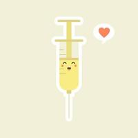 jeringa linda y kawaii. diseño de icono de ilustración de personaje de dibujos animados plano vectorial. jeringa, concepto de vacuna médica. puede usarse para poster, elemento, mascota, emoji, emoticono para virus, corona virus covid-19 vector