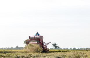 Low angle view Combine harvesters. photo